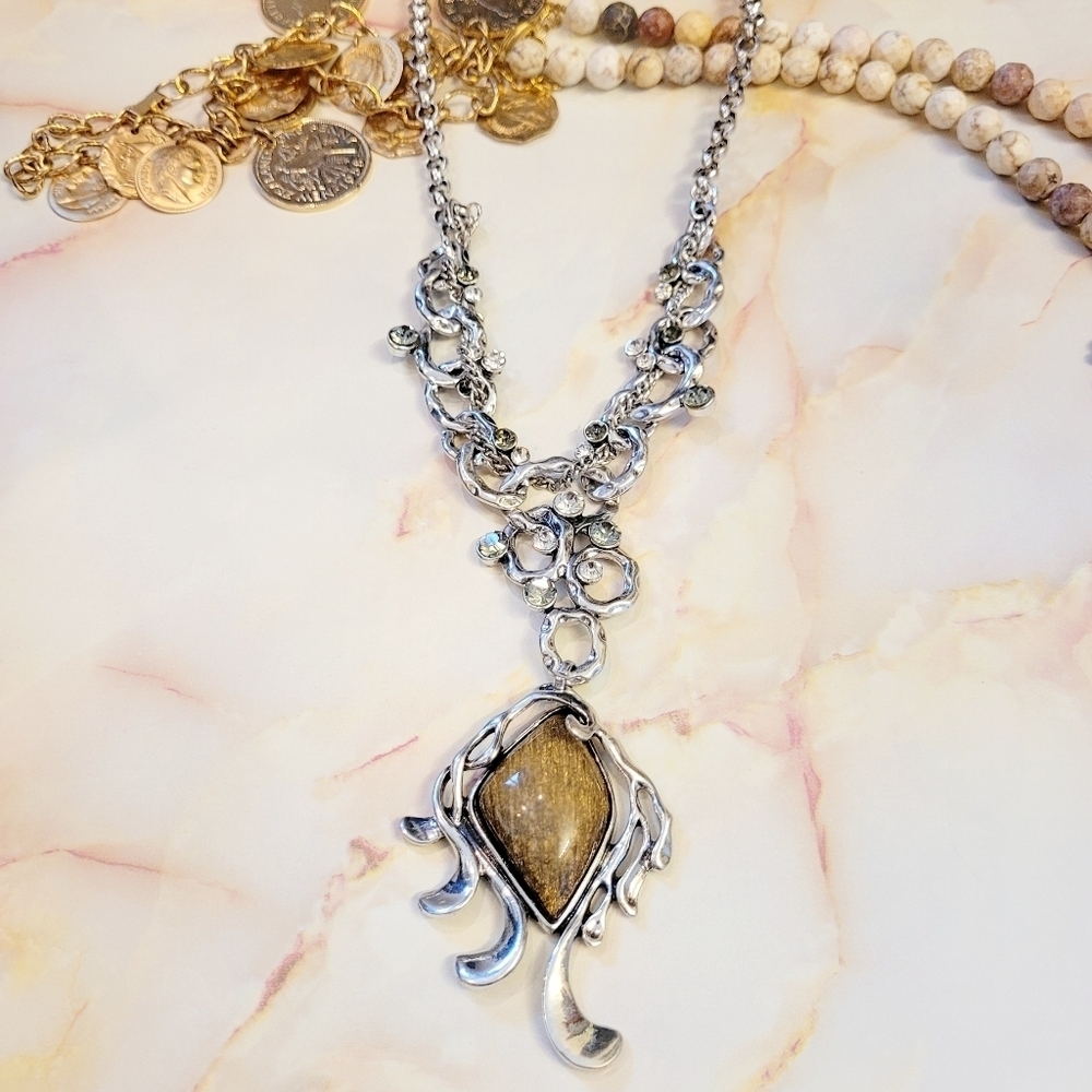 Vintage Bohemian Artisan Catseye Stone & Crystal Silver Statement Necklace - Picture 6 of 14